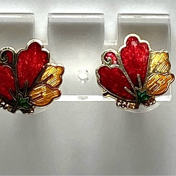 Cloisonné Earrings Flower Gold Tone Red Yellow Vintage - Picture 10 of 11
